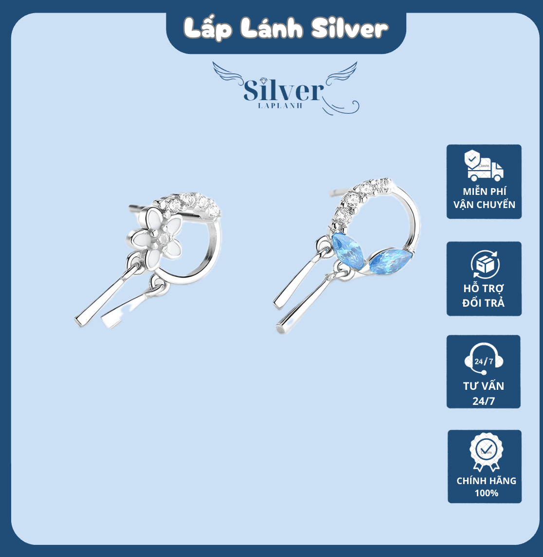 Bông tai bạc cao cấp Nữ sang trọng hình Tròn khảm hoa