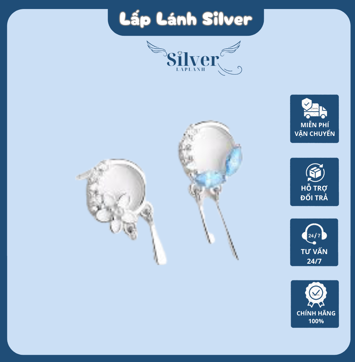 Bông tai bạc cao cấp Nữ sang trọng hình Tròn khảm hoa - Ảnh 3